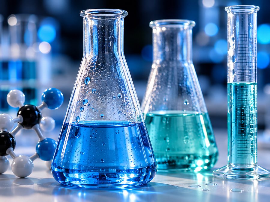 Matraces y modelo molecular sobre un mesón de laboratorio